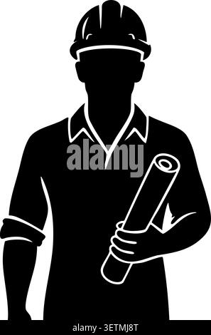 A construction worker wearing a hard hat carries a rolled blueprint Stock Vector