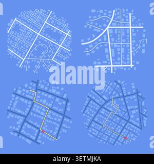 Set of four circular blue city map icons featuring street grids and yellow navigation routes with red direction arrows for mobile interfaces. Vector Stock Vector