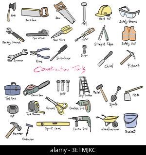 collection of construction and repair tools illustration vector sketch with black lines Stock Vector