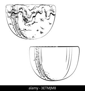 Rounded terracotta handmade artisan ceramic pot with glossy glaze, texture and shading. Isolated illustration in hand drawn vector ink. Decor mockups Stock Vector