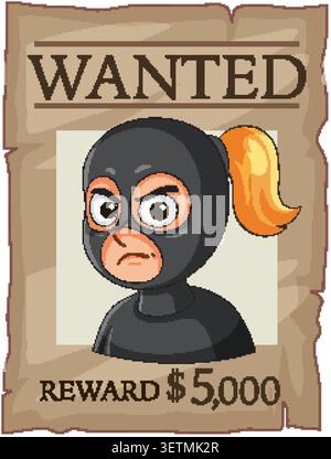 Vector wanted poster showing masked female burglar, cartoon style, bold lines, neutral background Stock Vector