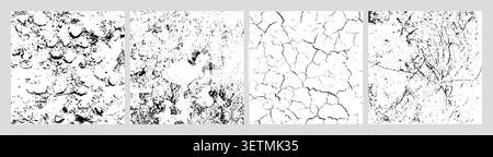 Set of four black-and-white texture panels showing cracks, erosion, and distressed surfaces, ideal for grunge backgrounds Stock Vector