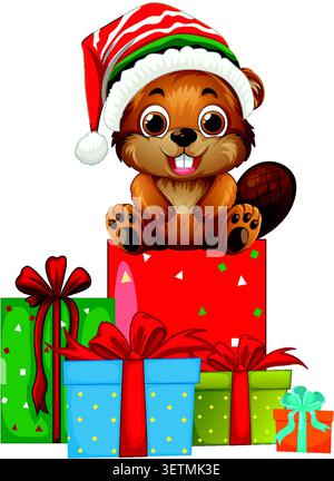 Vector illustration of a smiling beaver with holiday presents on a white background. Stock Vector