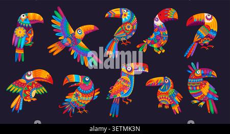 Mexican toucan birds characters with Mexico traditional flowers pattern. Cartoon funny tropical toco toucan birds set with mexican folk ornaments of talavera vivid color geometric shapes ornaments Stock Vector