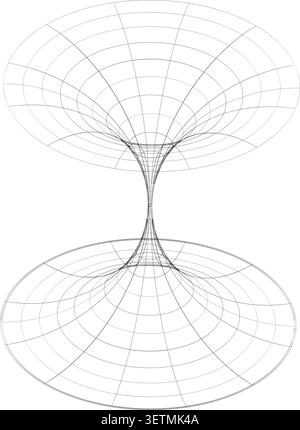 3D wireframe hyperboloid surface resembling wormhole geometry, abstract mathematical illustration for physics, science Stock Vector