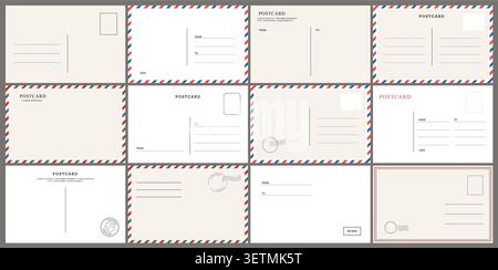Set vintage and modern postcard blank template. Vector vintage correspondence paper template. Mockup empty letter back side.  Stock Vector
