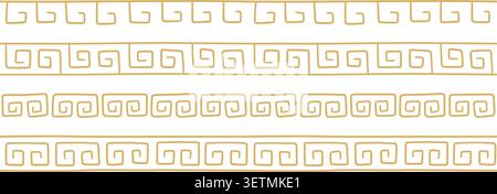 Ancient Greek doodle seamless border. Rome hand drawn meander ornament line set. Gold decoration ancient pattern fret. Greek ethnic repeat stripe Stock Vector