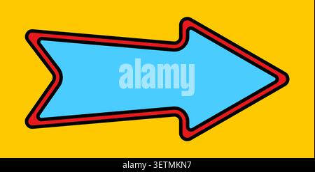 Right pointing blue arrow flat cartoon style on yellow background Stock Vector
