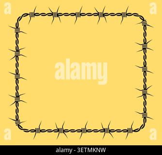 Barbed wire square border black outline on yellow background Stock Vector