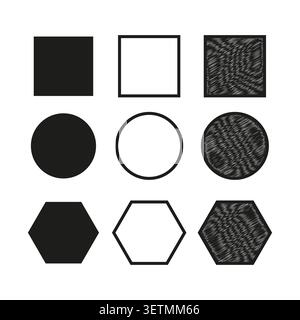 Basic geometric forms pack features black vector textured square shapes. Minimal collection visualizes abstract outline. eps 10 Stock Vector