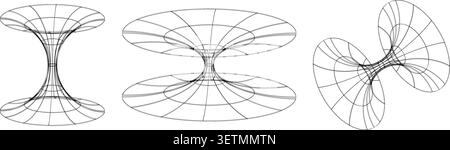 Three 3D wireframe surfaces resembling hyperboloid and catenoid forms, abstract mathematical illustration for physics, topology Stock Vector