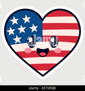Cute patriotic heart cartoon character sticker with USA flag pattern. Vector illustration of a love heart featuring red and white stripes, blue field Stock Vector