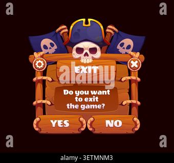 Pirate and corsair game UI menu interface or app window with buttons and loading bar panels. Pirate game UI on cartoon wooden board for game exit Yes or No menu screen with corsair captain skulls Stock Vector
