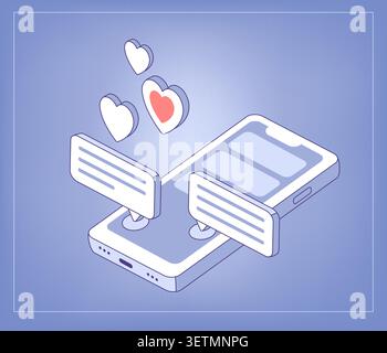 Love correspondence on phone. Isometric smartphone with hearts, likes, text bubbles. Dating app, romance blog, social media poster Stock Vector