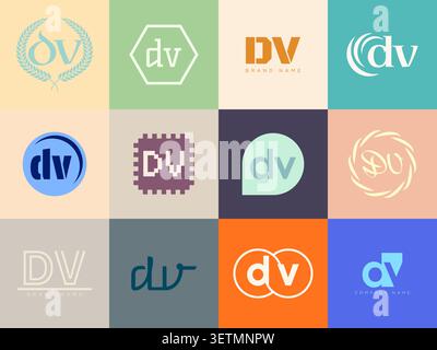 DV logo company template. Letter d and v logotype. Set different classic serif lettering and modern bold text with design elements. Initial font typog Stock Vector