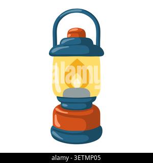 Cartoon vintage oil lantern with flame. Vector isolated illustration on white background. Stock Vector