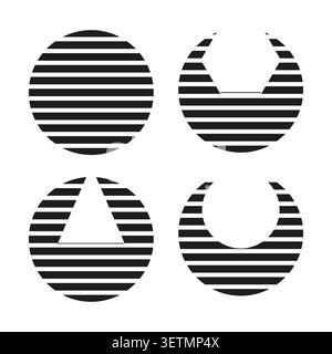 Abstract circular forms pack features black vector striped crescent shapes. Minimal collection visualizes op art. eps 10 Stock Vector