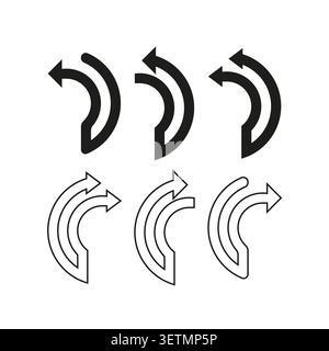 Geometric arrow forms pack features black vector curved pointer shapes. Minimal collection visualizes motion. eps 10 Stock Vector