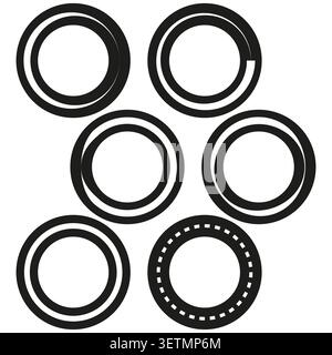 Geometric circle ring forms pack features black vector bold thick frames. Minimal set visualizes modern structure design. eps 10 Stock Vector