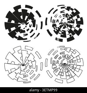 Geometric circular forms pack features black vector segmented wheel shapes. Minimal collection visualizes abstract art. eps 10 Stock Vector