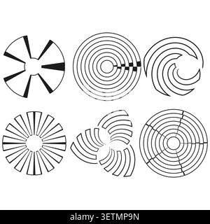 Abstract circular forms pack features black vector segmented radial shapes. Minimal collection visualizes geometric art. eps 10 Stock Vector