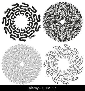 Circular maze forms pack features black vector dense spirals. Minimal tech collection highlights complex patterns. eps 10 Stock Vector