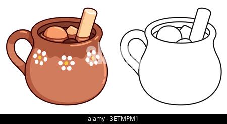 Mexican Ponche navideño (Christmas fruit punch) in traditional clay cup. Color illustration and black and white line art for coloring. Vector clipart. Stock Vector