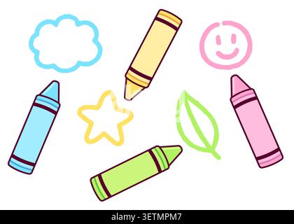 Cute cartoon crayons drawing doodles. Four color crayons art and teamwork. Vector clipart illustration. Stock Vector