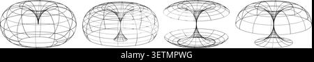 Set of 3D wireframe geometric transformations from torus-like to hourglass forms, abstract mathematical illustration for physics, topology Stock Vector
