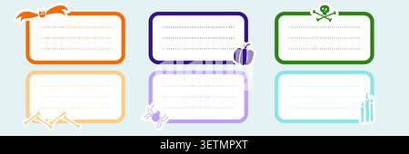Set of colorful Halloween themed labels with doodle elements and lined space for text. Hand drawn halloween templates for notebook, stickers, planners Stock Vector