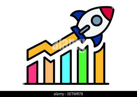 Accelerated growth icon. colored outline style. of a rocket launching upward along an ascending growth bar chart and rising arrow. Stock Vector