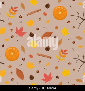 Hand-drawn warm autumn foliage background. Seamless pattern with fall leaves, cozy fall theme texture. Stock Vector