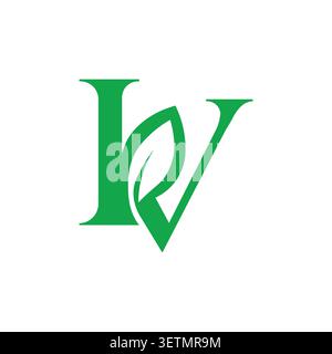 IV monogram logo with green leaf symbol Stock Vector