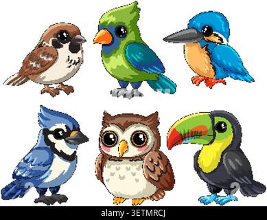 Six colorful cartoon birds including owl, toucan, and blue jay isolated on white background Stock Vector