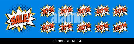 Pop art sale badges with white starbursts, red lettering and yellow accents on bright blue background with halftone dots. Dynamic discount icons in Stock Vector