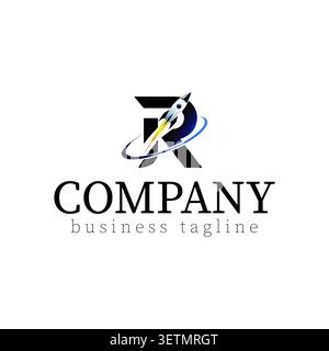 Innovative letter R logo featuring a rocket launch and orbital ring integrated into a futuristic geometric design. This premium vector logo symbolizes Stock Vector