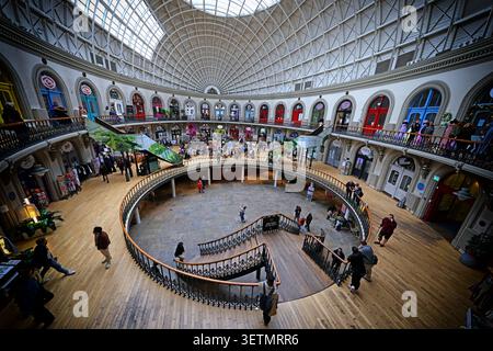 Wide panorama of the interior of Leeds Corn Exchange in Leeds, West Yorkshire, England, UK. Stock Photo