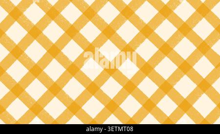 Diagonal yellow gingham check pattern and hand-drawn textured plaid tablecloth background. A rustic checkered backdrop with painted feel for kitchen d Stock Vector