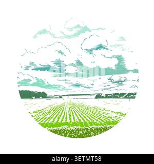 Vector illustration of beautiful summer landscape field in a circle. Logo object. Hand drawn. Not AI Stock Vector