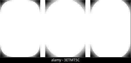 Halftone corner frames feature dotted pattern designs. Subtle gradient borders with circle fade effects perfect for comic backgrounds, posters, and creative graphic templates with vintage charm. Stock Vector