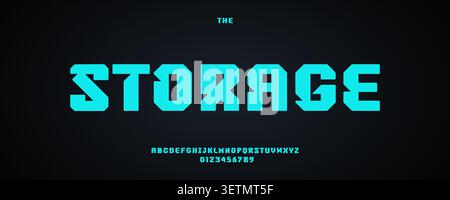 Heavy Blocks Font Logo Strong Geometric Alphabet Bold Condensed Letter Numbers Set Modern Typography, Cyberpunk Typographic Design for Cyber Sport Stock Vector