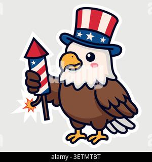 Cute patriotic bald eagle sticker, vector cartoon character Stock Vector