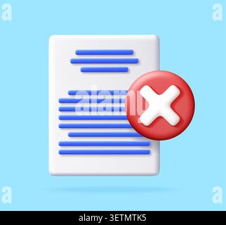 3D paper document icon with red cross mark. Stock Vector