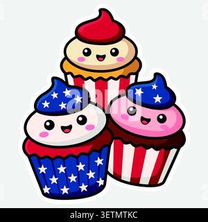 Cute patriotic cupcakes sticker, vector cartoon characters Stock Vector