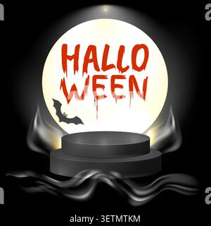 Black podium background in Halloween festival with flying bat. Abstract minimalist design. Product Display with Halloween background Stock Vector
