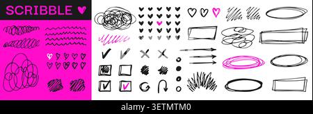 Hand drawn messy pen scratch set. Scribble marks squiggly sketchy pencil black line. Sketch brush strokes, doodles underlines crayon marker punk style elements. Grunge illustration line pack isolated Stock Vector