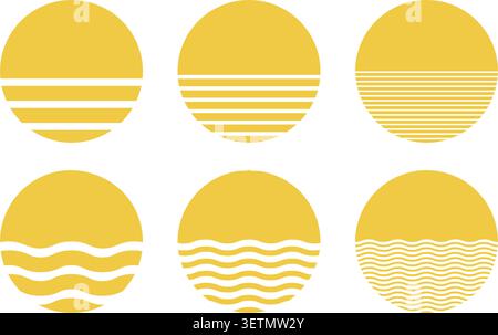 Set of yellow whole and striped semicircle halves isolated on white background. Sun and sea silhouettes. Sunrise or sunset concept. Simple design elements. Vector flat illustration. Stock Vector
