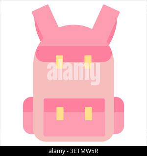 Cute pink pastel backpack icon in flat design style isolated on background. Simple school bag illustration for education, student, stationery, travel, Stock Vector