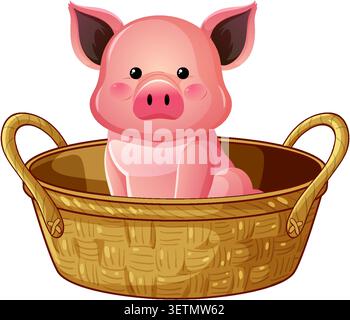 Vector illustration of a cartoon piglet sitting in a basket on a white background. Stock Vector