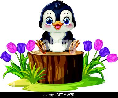 Vector illustration of a happy baby penguin sitting on wood surrounded by colorful flowers. Stock Vector